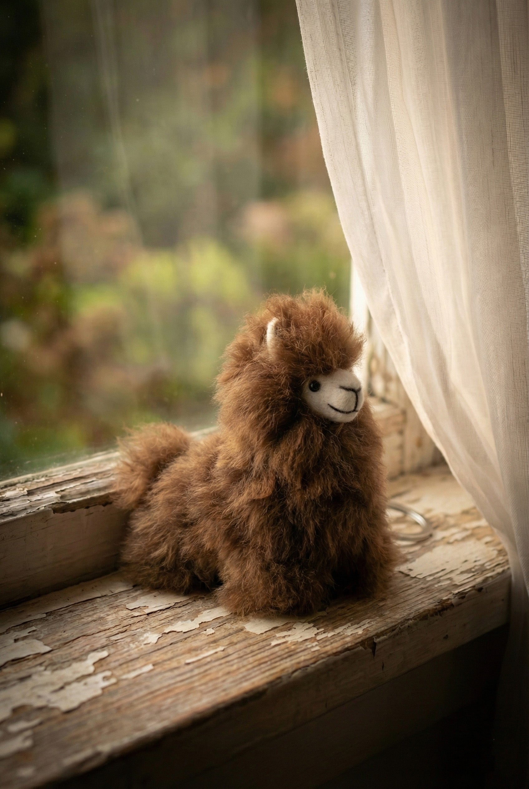 Fluffy brown alpaca plush keychain sitting on rustic wooden windowsill with soft natural light