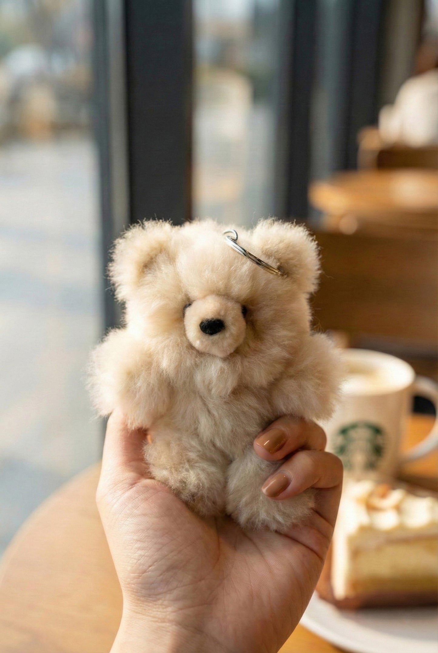 Real alpaca fur teddy bear keychain 20cm natural ivory handmade