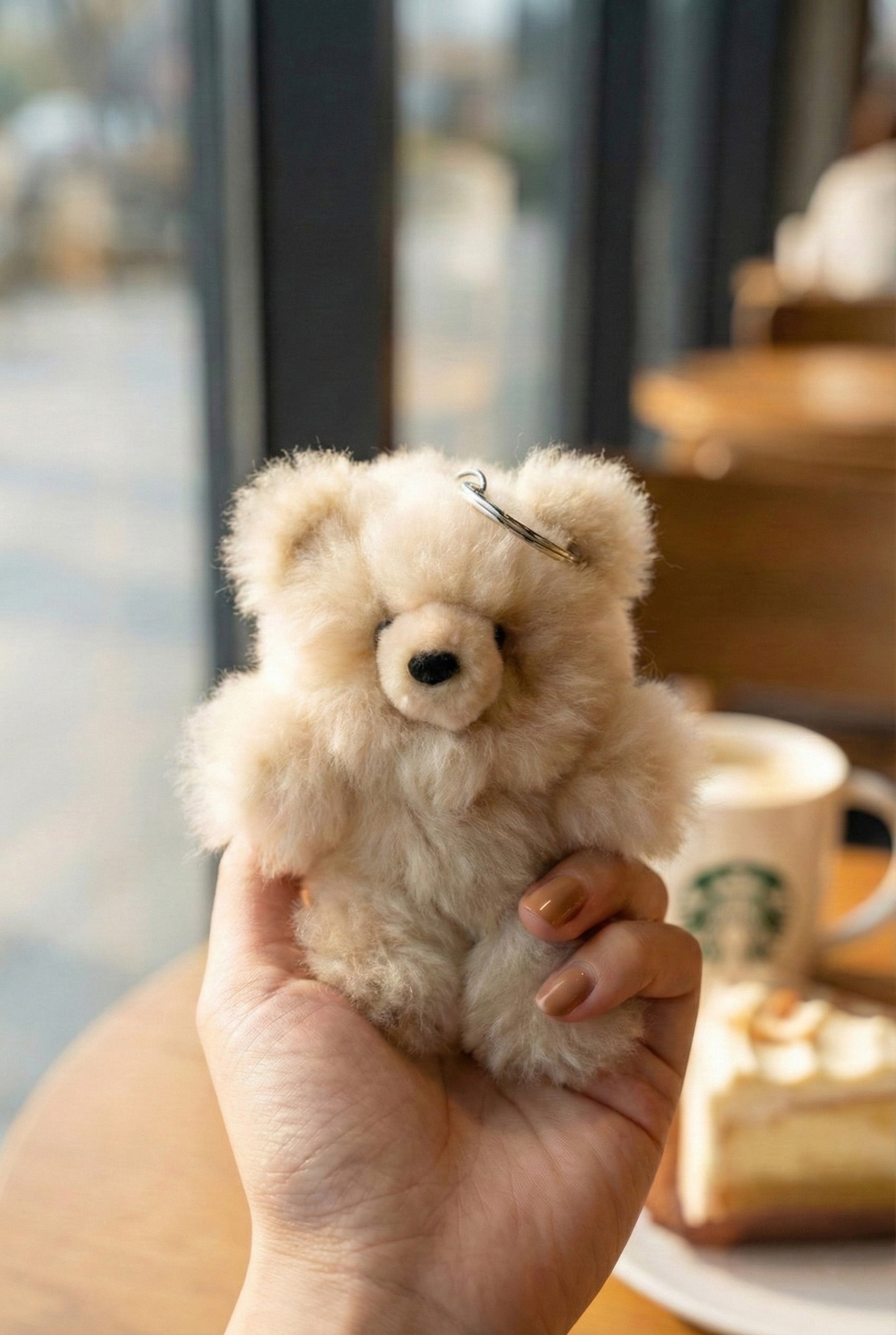 Real alpaca fur teddy bear keychain 20cm natural ivory handmade