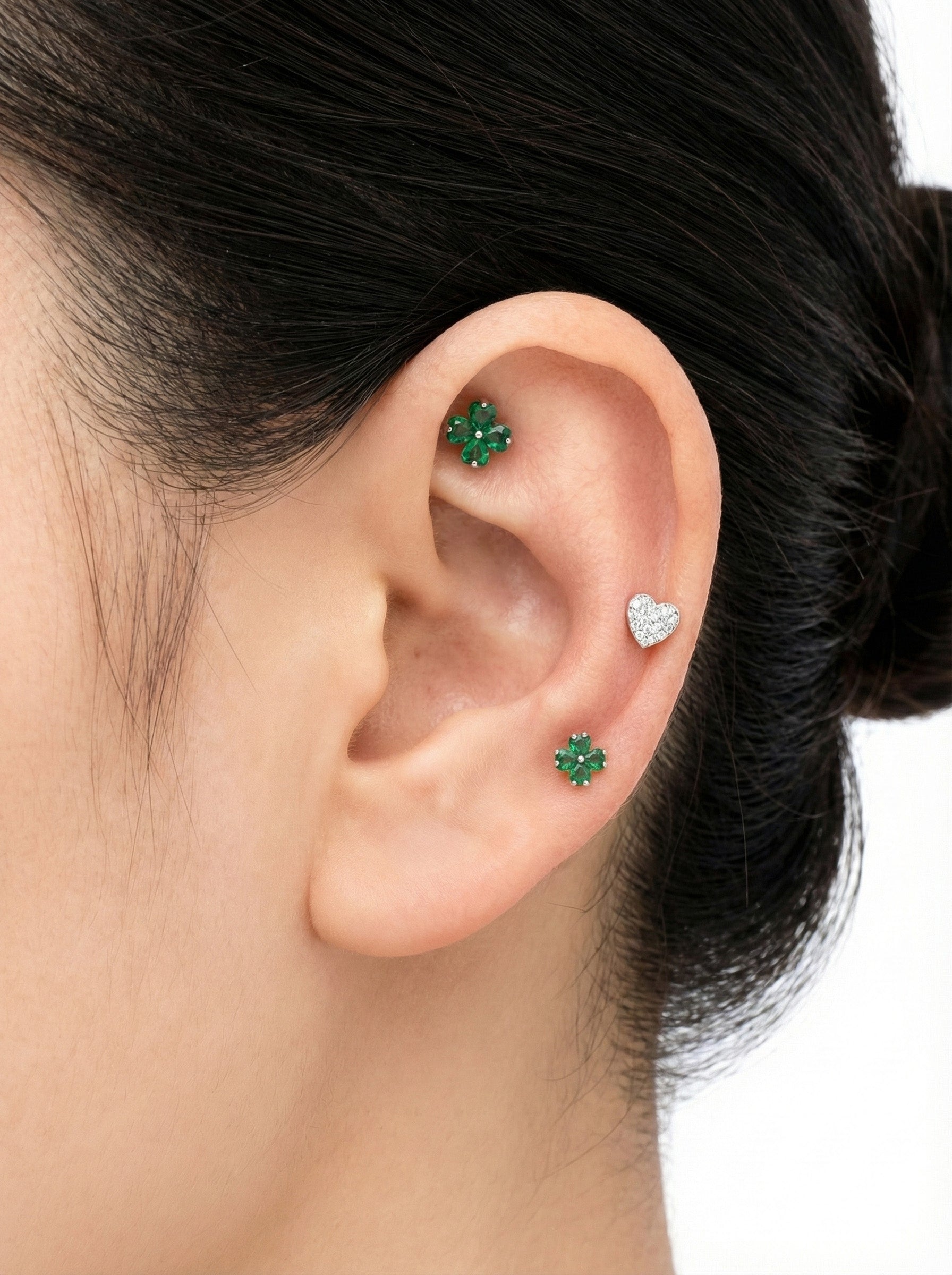 Lucky clover heart earscape set green CZ barbell studs cartilage helix conch lobe piercing Korean jewelry