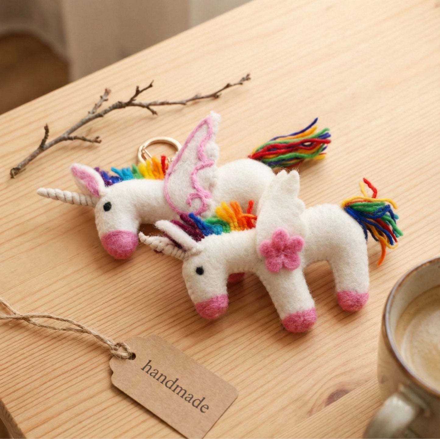 Handmade needle felted rainbow unicorn keychain with pink stitch wings and 3D flower wings on wooden table with handmade tag