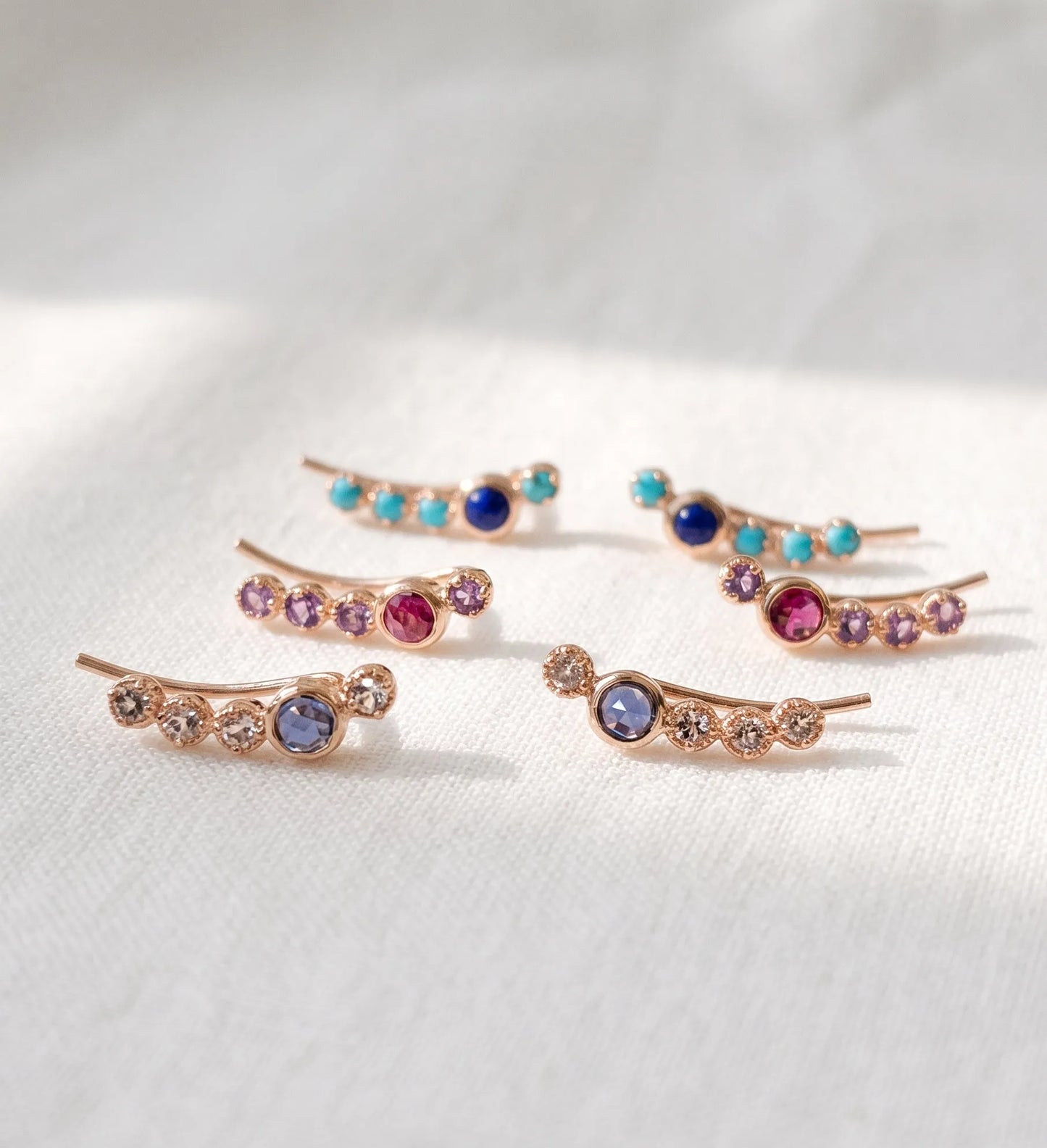 925 Silver Rose Gold Bezel Gemstone Ear Climber Earrings