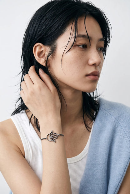 925 Sterling Silver Hamsa Hand Chain Bracelet — Handmade in Korea