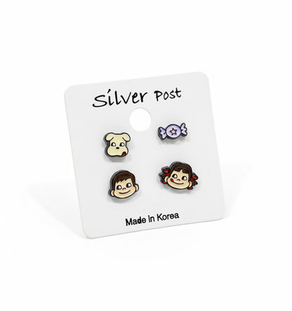 Four-piece Peko Chan character stud earring set on white card showing Peko, Poko, puppy and candy designs with silver post labeling and Made in Korea stamp