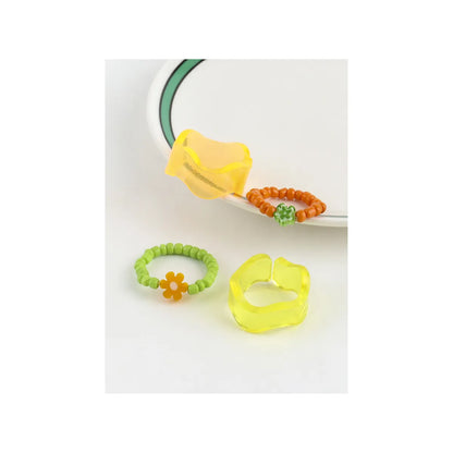 Y2K Chunky Resin Wave Ring & Flower Bead Ring Set