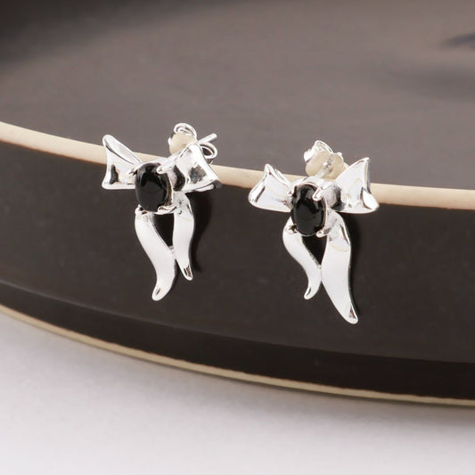 925 sterling silver black agate bow stud earrings displayed on a dark ceramic dish — vintage dark coquette jewelry by 8TTITTO8