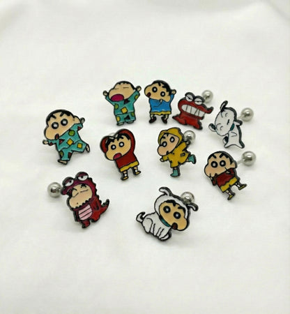 Collection of 12 cute Crayon Shin-chan anime character surgical steel earrings including Shiro dog and Action Mask
