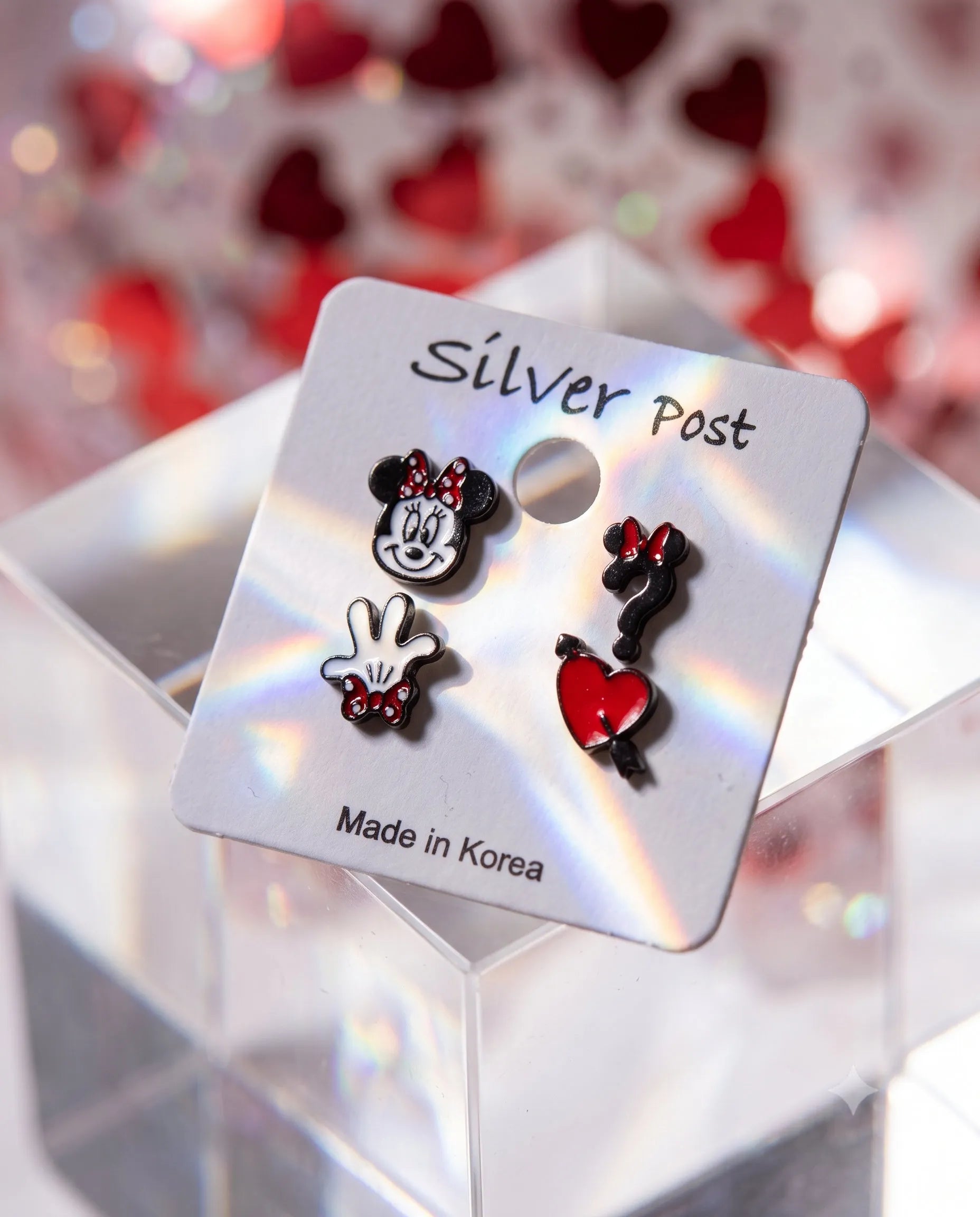 Kitsch mouse enamel stud set on acrylic display card, silver hypoallergenic posts, K-style earring set.