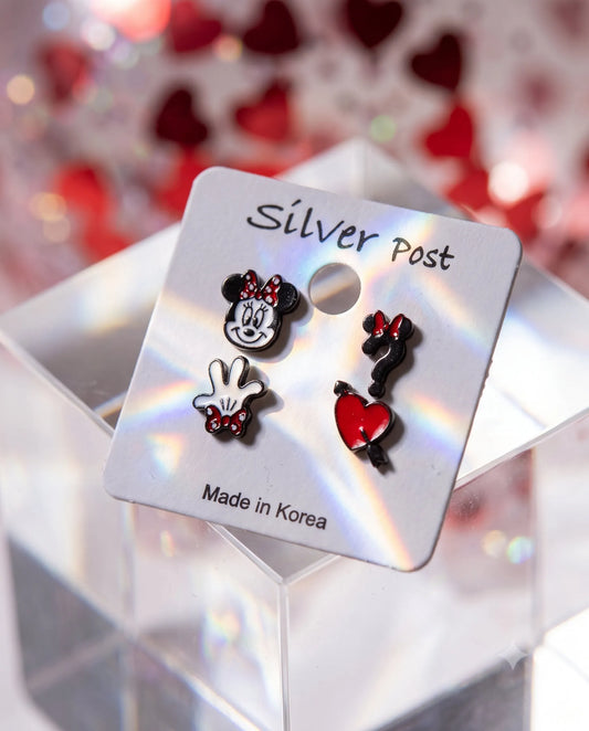 Kitsch mouse enamel stud set on acrylic display card, silver hypoallergenic posts, K-style earring set.