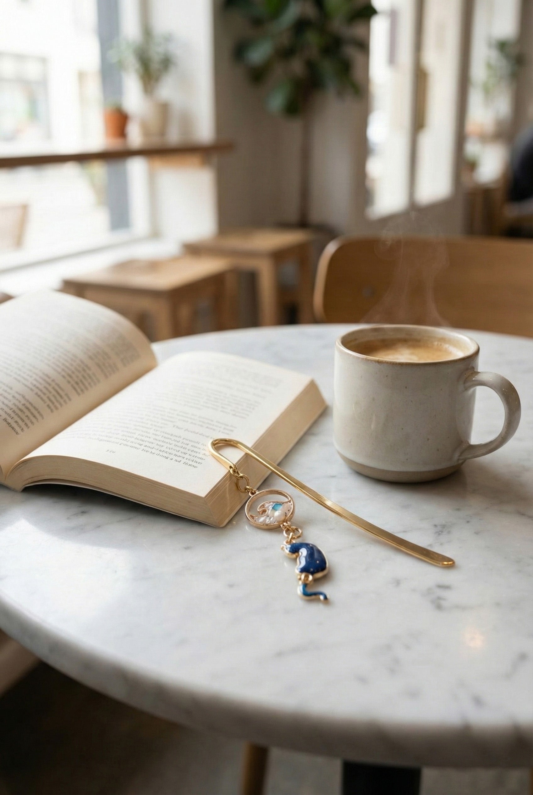 Gold metal cat bookmark with wave charm placed in book next to coffee cup, aesthetic reading setup for book lovers