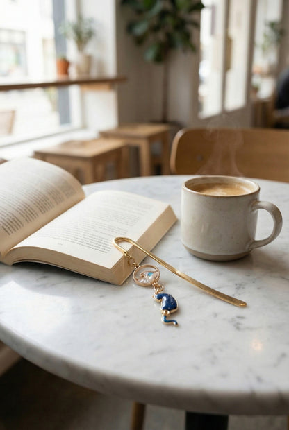 Gold metal cat bookmark with wave charm placed in book next to coffee cup, aesthetic reading setup for book lovers