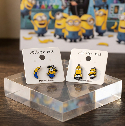  Cute Minions mismatched stud earrings set - banana version and prisoner stripe version on white card with Silver Post label, Made in Korea