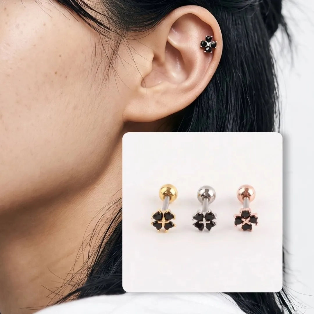 Black Clover Barbell Stud | Brass + Surgical Steel | K-Style Ear Stack (Single)