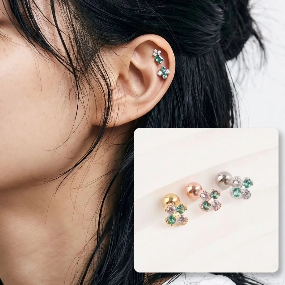Emerald Clover Barbell Stud | Brass + Surgical Steel | K-Style Ear Stack (Single)