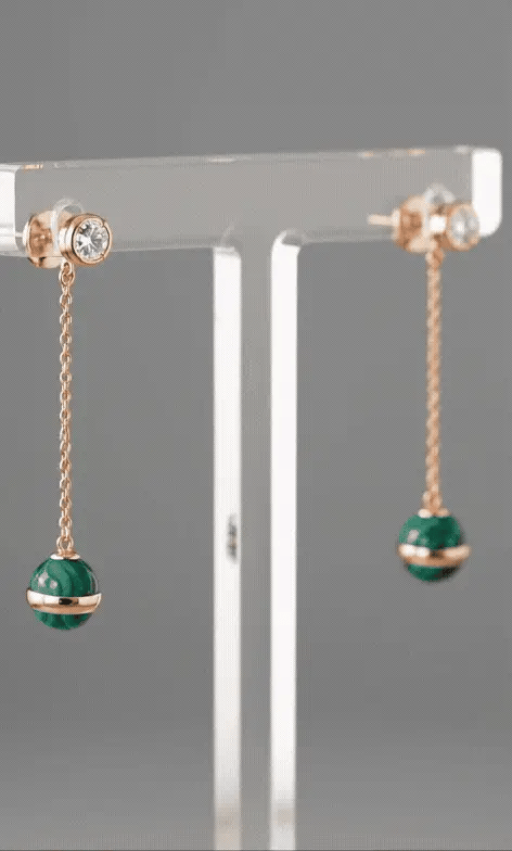 Natural Malachite Drop Earrings — Rose Gold Chain & CZ Stud