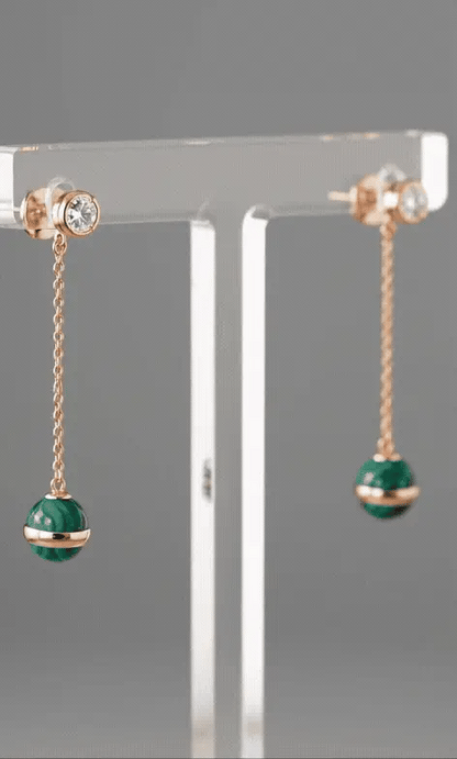 Natural Malachite Drop Earrings — Rose Gold Chain & CZ Stud