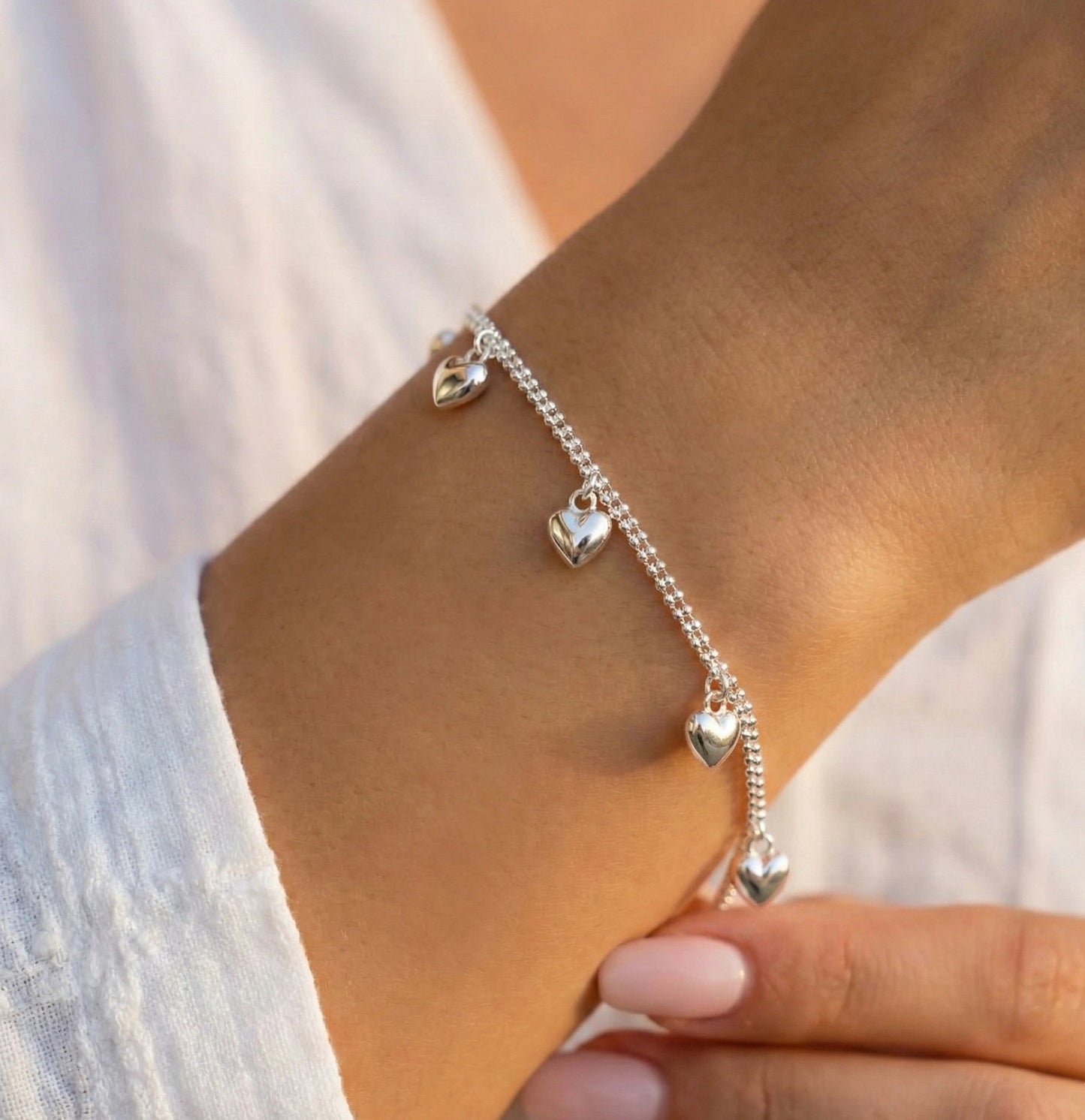 925 Sterling Silver Heart Charm Bracelet - Double Chain Puffed Hearts