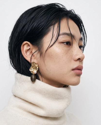 Gold Hammered Pearl Drop Earrings | K-Style Statement | Titanium Post