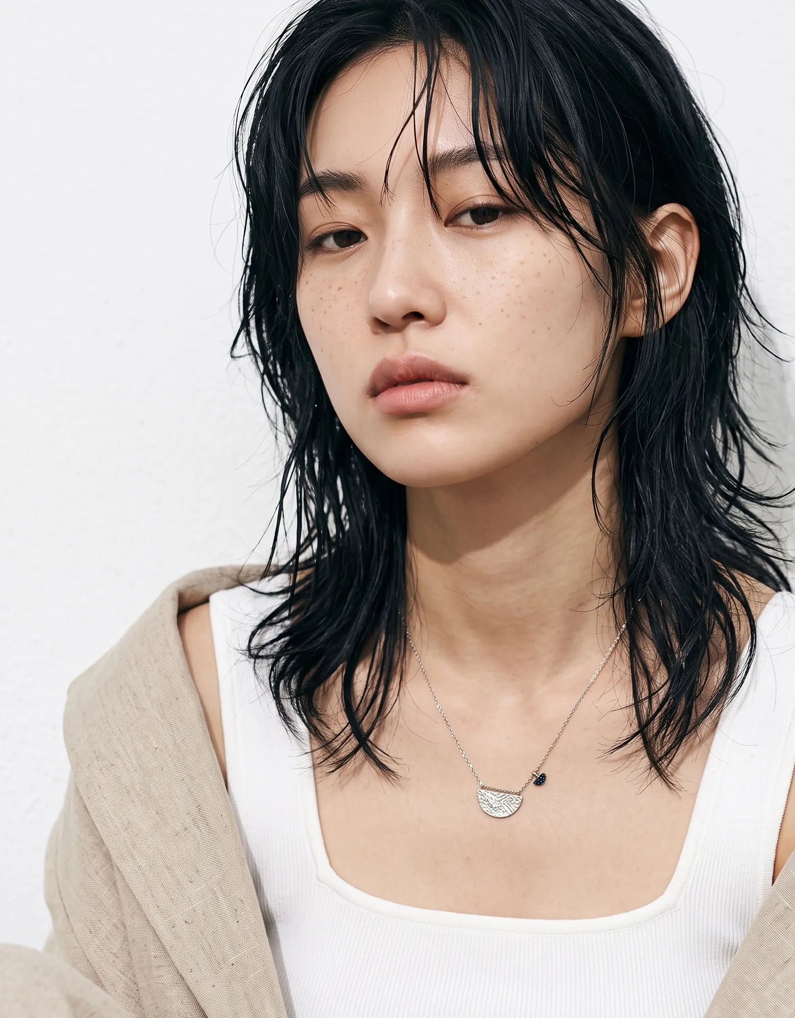 Model wet-hair close-up necklace — Clean girl aesthetic layered silver necklace, hammered half-moon pendant for daily wear.
