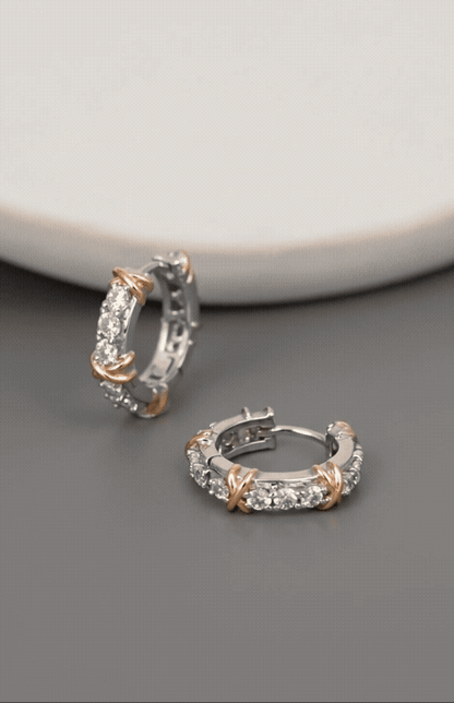 Two-Tone CZ Criss-Cross Huggie Hoop Earrings – 925 Sterling Silver, Gold X Detail