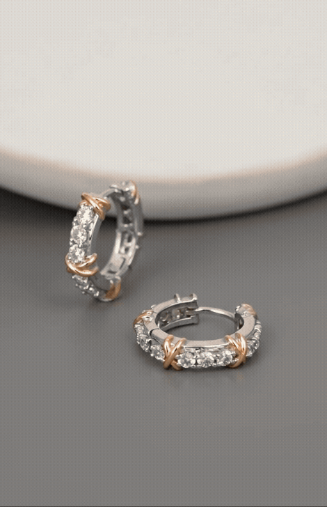 Two-Tone CZ Criss-Cross Huggie Hoop Earrings – 925 Sterling Silver, Gold X Detail