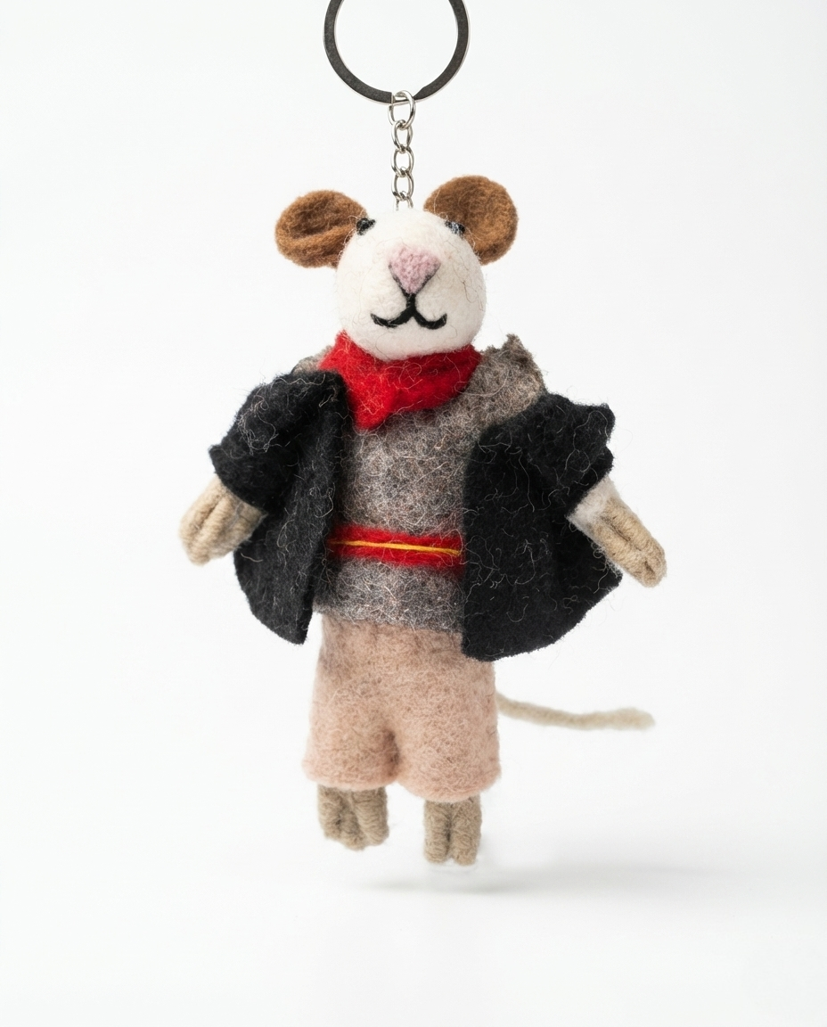Gentleman mouse keychain in black jacket and red scarf - needle felted wool charm