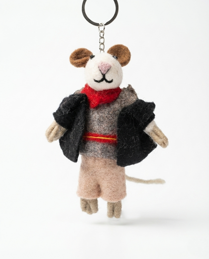 Gentleman mouse keychain in black jacket and red scarf - needle felted wool charm