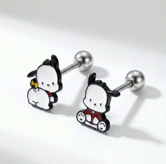Close-up of Pochacco barbell stud earrings showing surgical steel posts