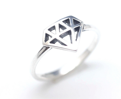 925 Sterling Silver Geometric Diamond Cut-Out Ring - Close-up view of diamond-shaped cutout design on white background