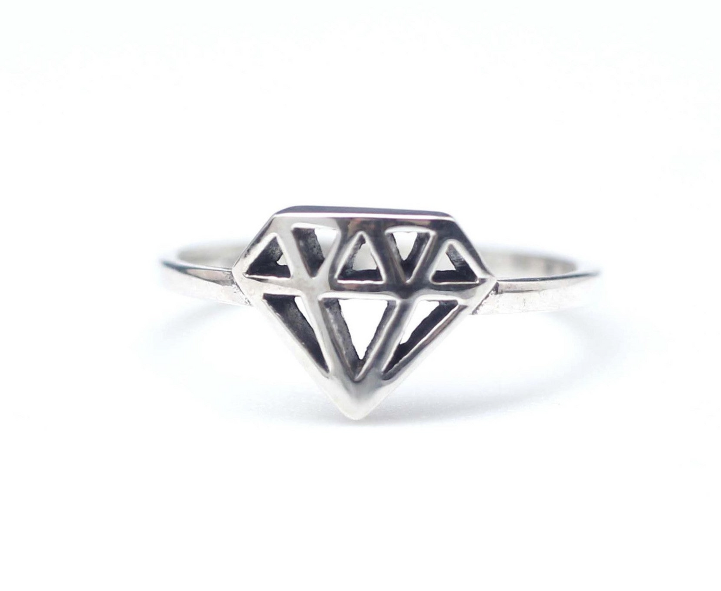 925 Sterling Silver Geometric Diamond Cut-Out Ring - Close-up view of diamond-shaped cutout design on white background