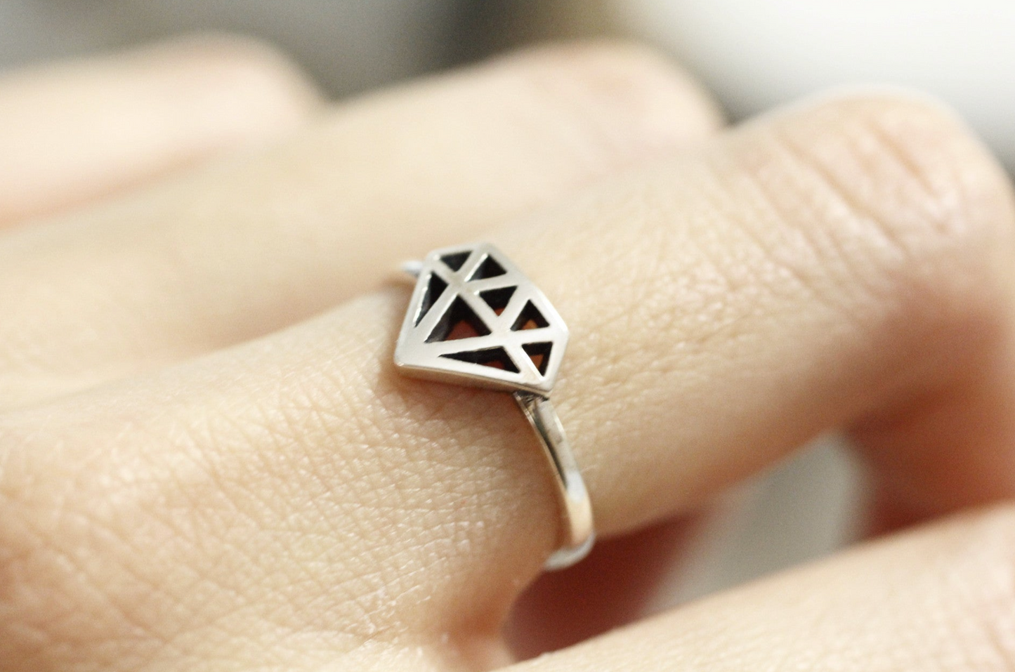 925 Sterling Silver Geometric Diamond Cut-Out Ring - Modern Silver Statement Band US Size 4-13