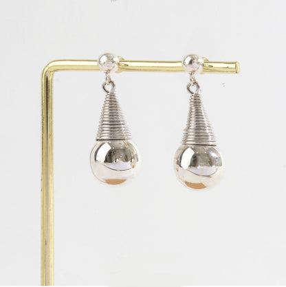 925 sterling silver wire-wrapped cone and sphere drop earrings on display stand