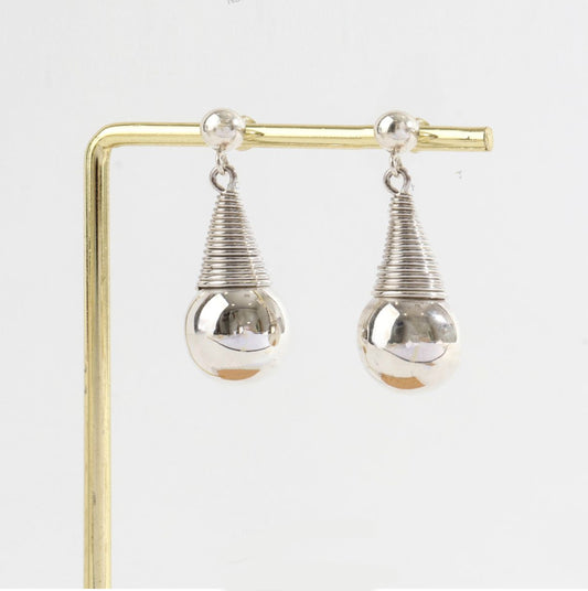 925 sterling silver wire-wrapped cone and sphere drop earrings on display stand