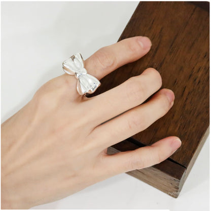 925 Sterling Silver Chunky Silver Bow Ring, Cute Statement Ribbon Ring