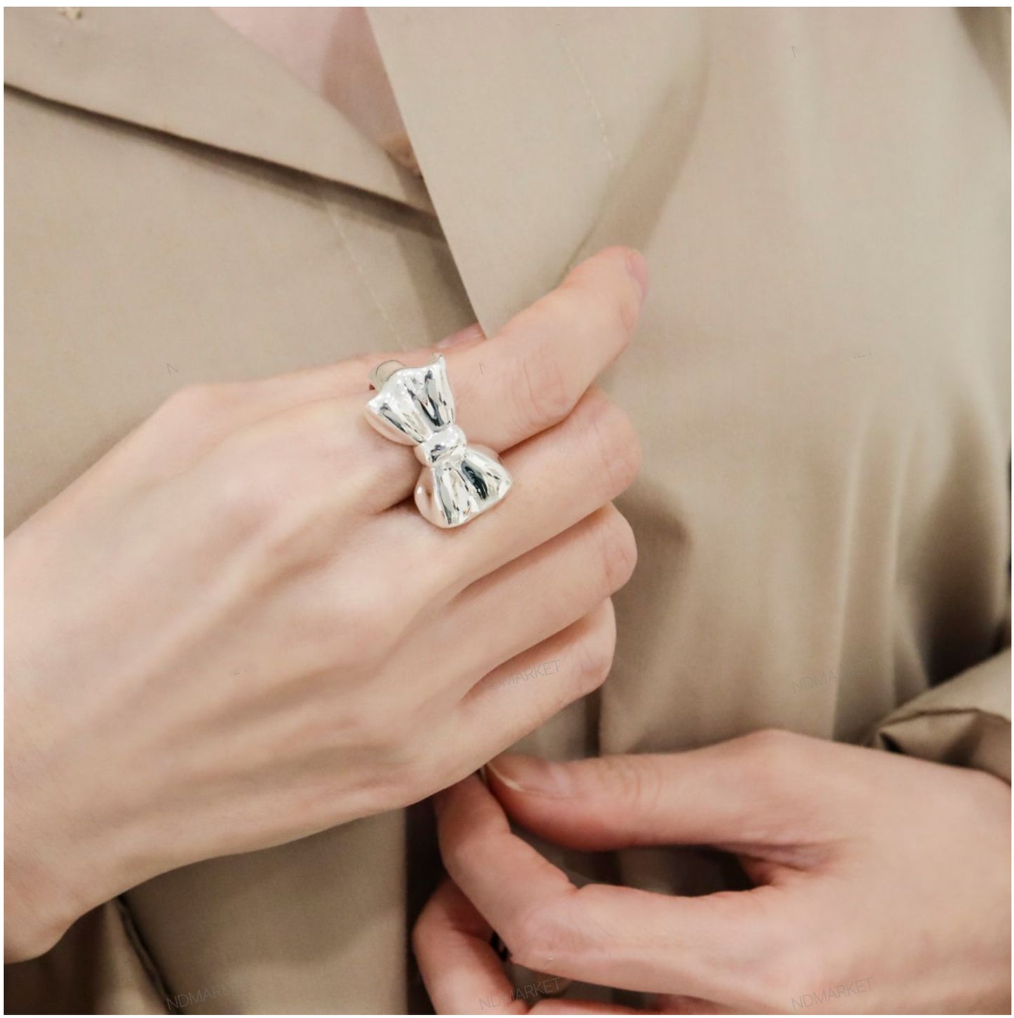 925 Sterling Silver Chunky Silver Bow Ring, Cute Statement Ribbon Ring