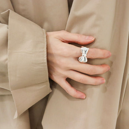 925 Sterling Silver Chunky Silver Bow Ring, Cute Statement Ribbon Ring