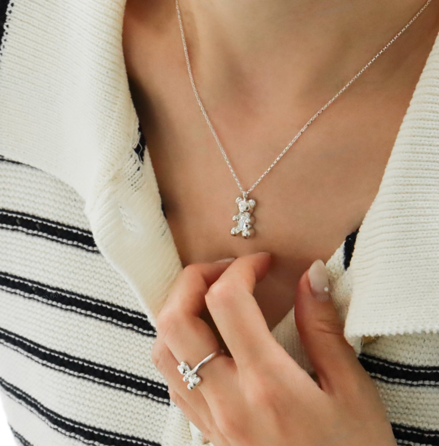 925 Sterling Silver Teddy Bear Necklace,Cute Minimalist Layering necklace