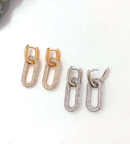 Huggie Hoop Pavé Oval Chain Link Drop Earrings – Gold & Silver