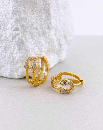 Pave Safety Pin Huggie Hoop Earrings Gold Silver