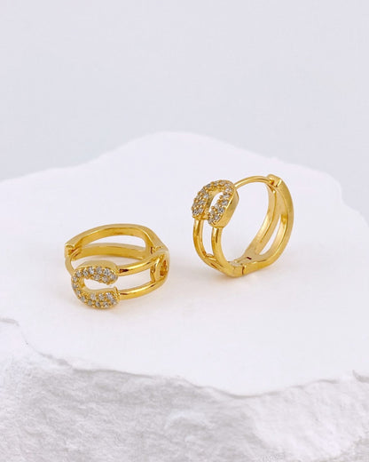 Pave Safety Pin Huggie Hoop Earrings Gold Silver