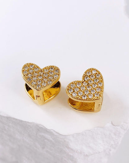 Pavé Heart Clip Earrings Gold Silver Cubic Zirconia Heart Huggie hoop