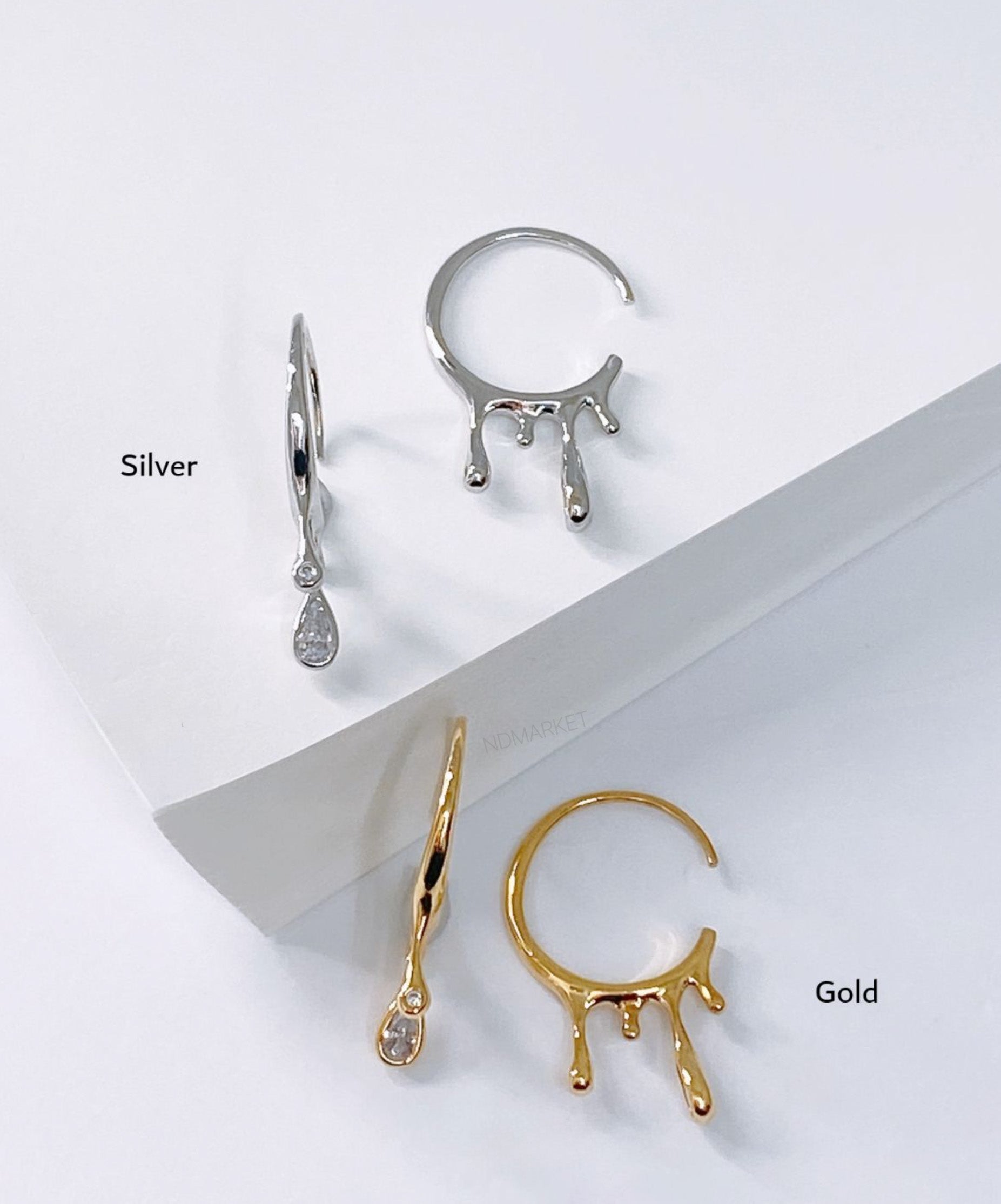 Teardrop cubic C-hoop earrings with titanium posts in gold and silver