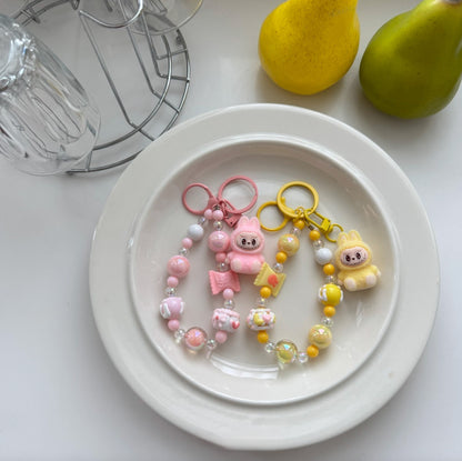 Labubu Inspired K-Kawaii Plush Keyring | Handmade Pastel Beaded Bag & Phone Charm