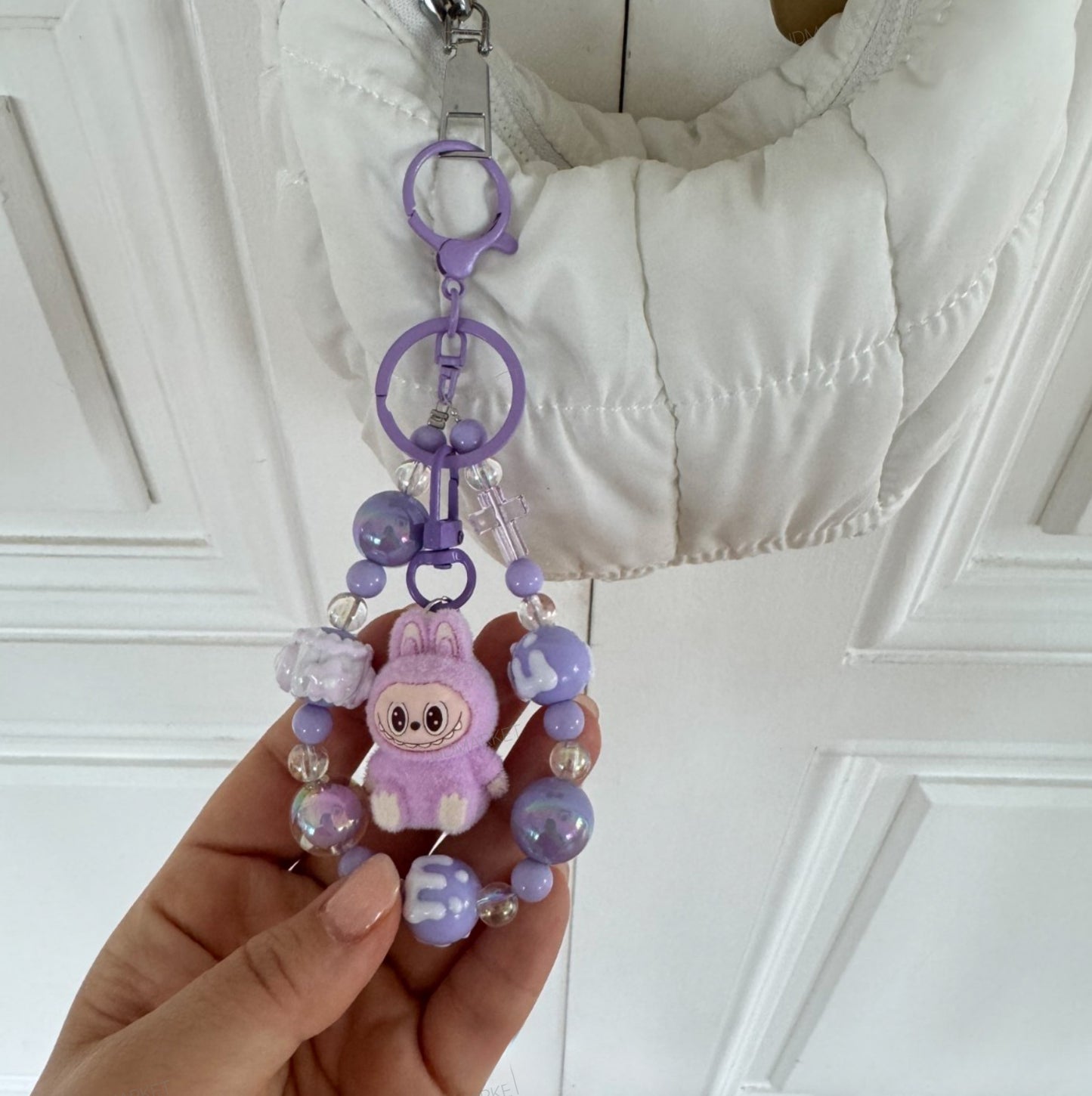 Labubu Inspired K-Kawaii Plush Keyring | Handmade Pastel Beaded Bag & Phone Charm