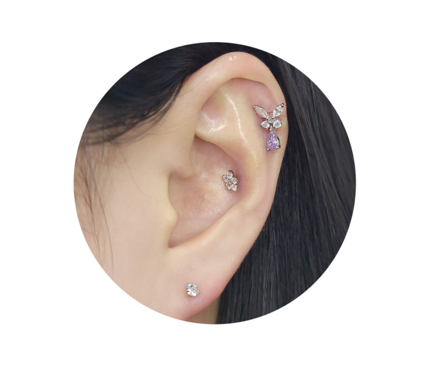 Butterfly Drop Barbell Earrings – Purple & Clear CZ | Cartilage Piercing | 8TTITTO8