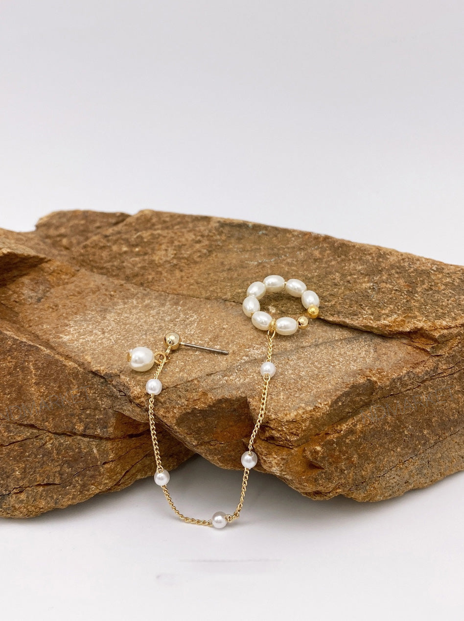 Pearl Ear Cuff with Chain Drop — Modern Single Earring