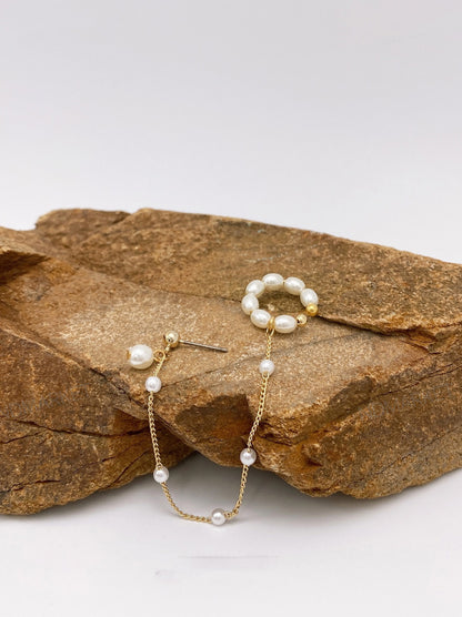 Pearl Ear Cuff with Chain Drop — Modern Single Earring