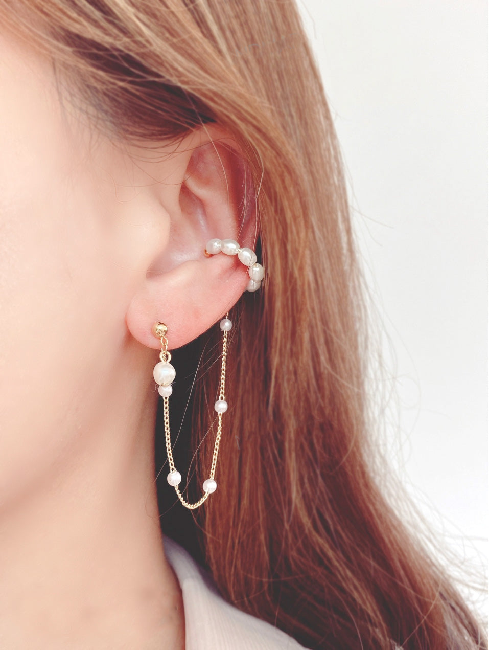 Pearl Ear Cuff with Chain Drop — Modern Single Earring