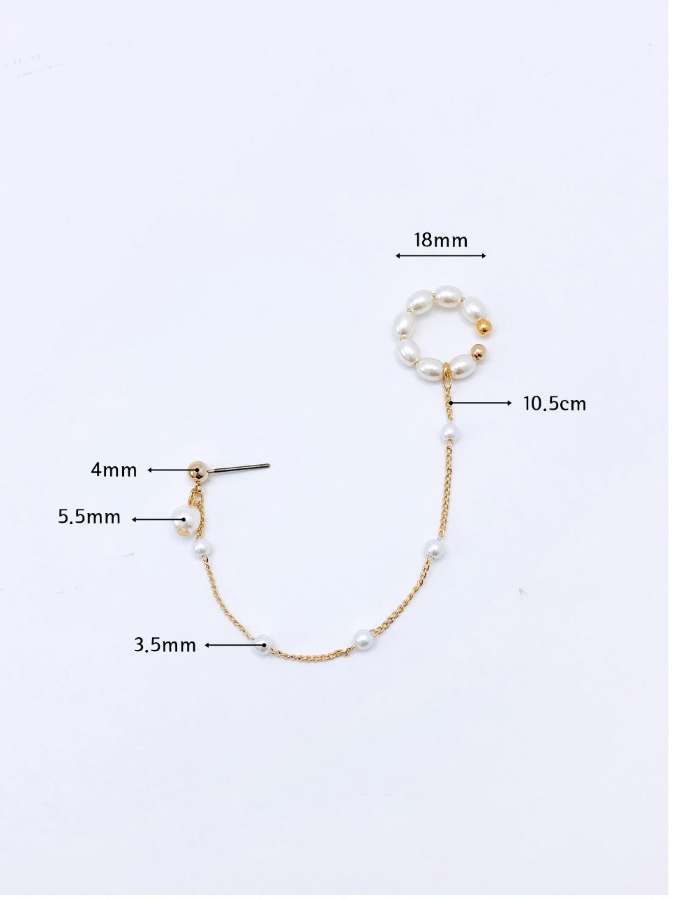 Pearl cuff chain earring with measurements diagram