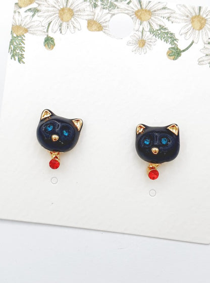 Cute Colorful Cat Face and Bell Earrings, Kawaii Kitty Studs, Titanium Post